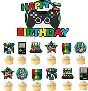 Yiran 13pcs Video Game Cake Toppers Happy Birthday Video Game Cupcake Picks Gaming Theme Cupcake Topper Game Controller Game Backdrop for Boys Girls Kids Gaming Themed Birthday Party Supplies