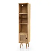 Costway Rattan Storage Cabinet Bookcase Wood Display Rack w/Adjustable Shelf Freestanding Slim Organizer