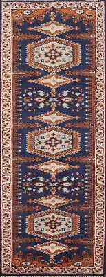 Unique handmade Tribal Navy Blue Runner Rug wool Plush Pile 7' 10'' X 2' 7''