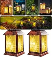Solar Outdoor Hanging Lanterns, 2 Pack Waterproof Decorative Patio Garden Lights with Hook, Hanging Outdoor Lanterns Lights, Powered Lanterns for Yard Garden Decor