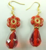Red Flower Czech Dangle Earrings & Briolette Crystal Handmade Jewelry