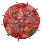 Ethnic Round Floor Cushion Cover Vintage Patchwork Red 28x28 Cotton Pouffe