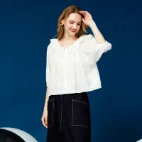 在飛比找momo購物網優惠-【MASTINA】蕾絲抽繩甜美七分袖襯衫(白)