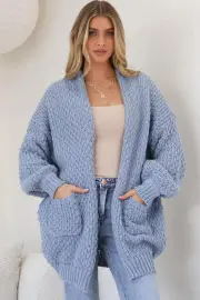 Ricki Cardigan - Open Front Chunky Knit Cardigan in Blue