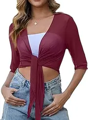 YuYukan Womens 3/4 Sleeve Shrug Sheer Mesh Cardigans Tie Front Cropped Lightweight Bolero Shawl Top for Casual Going Out