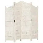 Hand Carved 4-Panel Room Divider Folding Privacy Screen Stand White Solid Wood