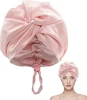 Adjustable Silk Satin Bonnet for Sleeping Silk Sleep Cap for Women Men Double Layer Hair Wrap with Elastic Band for Long Curly Straight Hair Large Braid (Pink)