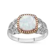 8.0mm Cushion-Cut Lab-Created Opal and 0.05 CT. T.W. Diamond Split Leaf-Sides Antique Vintage-Style Ring in Solid 10K Two-Tone Gold