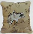 Wool Needlepoint Pillow | Petit Point Cranes Pine Tree 17"x15" Vertical Cushion