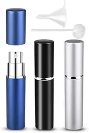 Zingso Refillable Travel Perfume Atomiser Bottles, 3 Pcs 6ml Mini Portable Spray Bottles Refillable Perfume Aftershave Atomiser Empty Travel Bottles with Funnel (Black+Silver+Dark Blue)
