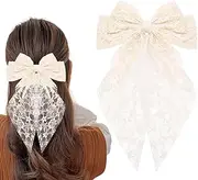 White Hair Bow Barrettes for Women Brides Wedding Hair Bow Accessories Large Off-White French Barrettes Bowknot Hair Clips Hairpins with Long Ribbon Headdress Headpiece