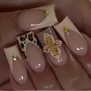 Leopard Print French Tip Press on Nails Medium Square Shaped False Style 15