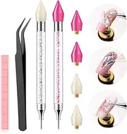 Eudaicful Rhinestone Picker Tool Kit: 2Pcs Rhinestone Picker, Dual-Ended Rhinestones Applicator Dotting Pen with 4 Upgraded Gem-Shape Wax Tips, Tweezer, Clay for DIY Nail Art Salon Home