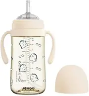 UBMOM No-Spill, Backflow Prevention Sippy Cup with Straw, PPSU Learner Cup with Handle for Baby and Toddlers, BPA Free, 9.47oz (Dino ver.) (Beige)