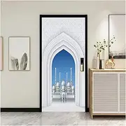 Door Stickers White Palace Great Mosque of Mecca DIY Door Sticker Home Decoration Wall Stickers Bedroom Porch Art Mural Wallpaper (Size : 77x200cm)