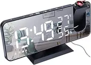 Projection Digital Alarm Clock with FM Radio,180° Projector,7'' LED Mirror Screen Big Digit,Auto Dimmer with USB Phone Charger,Dual Alarms Snooze Auto Timer,Small Desk Alarm Clock for Bedroom (Black)
