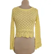 New Lauren Conrad Top XS Boho Crochet Lemon Yellow Knit Sweater Bell Sleeve Crop