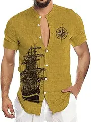 [HanzhuoLG] Men's Retro Compass Sailing Boat Print Short Sleeve Shirt Hawaiian Beach Vacation Shirt Color1 S