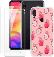 2 Pack Tempered Glass and Printed TPU Case Compatible with Xiaomi Redmi Note 7 Anti-Scratch Shockproof Screen Protector Flexible Slim Cover Stylish Design (White)