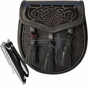 [Generic] Scottish Kilt Semi Dress Sporran Genuine 100% Real Leather Knot Tassels Sporran, Black, Standard