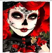 Sugar Skull Girl Shower Curtain Red Rose Flower Funny Clown Fabric Shower Curtain Sets Bathroom Decor with Hooks Waterproof Washable 72 x 72 inches Black White Green