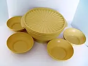 Six Piece Set Vintage Harvest Yellow Tupperware Large Servalier Salad Serving Bowl and 4 Salad Bowls
