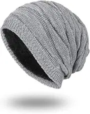 [Generic] Men Warm Knit Long Slouch Skull Beanie Winter Thermal Fleece Lining Cushioned Hat Cap Light Grey