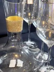 Gold Band Rhinestone Wine Decanter and Four Gold Ball Wine Glasses