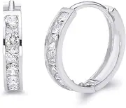 [The World Jewelry Center] 14k REAL White Gold 3mm Thickness CZ Channel Set Hoop Huggie Earrings - 3 Different Size Available
