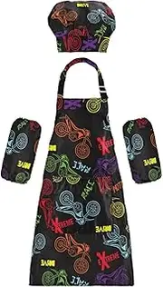AIXIWAWA Kids Apron Chef Hat Set, Child Kitchen Bib Aprons Adjustable for Cooking Baking Painting (Bright Motorcycles)