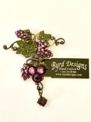 Byrd Designs Vintage Brass Pin Brooch Grapes Amethyst Crystals Purple Leaves New