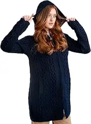 [SAOL] 100% Merino Wool Aran Irish Cardigan for Women with Pockets, Hood and Celtic Zipper