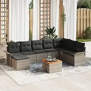 9 Piece Cushions Poly Rattan Sofa Acacia Grey Outdoor Lounge Chair Set - Balcony Furniture, Garden Couch, Living Room Rest