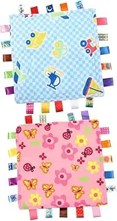 Yardwe 2Pcs Security Blankets Colorful Plush Comforters with Satin Ribbon Tags Soothing Blankets for Boys and Machine Washable for Newborns and Boy Girl