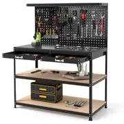 Costway 3-Layered Work Bench 230 kg Heavy-Duty Garage Storage Table Workbench w/3 PCs Pegboard Tool Shop Shelf