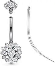 [Ruifan] ASTM F136 Titanium Belly Button Rings Cubic Zircon Opal Sun Hypoallergenic Internally Threaded 14G Navel Body Piercing Jewelry 10mm 12mm 14mm For Women, Style 2#--14MM - Clear CZ, Metal Cubic