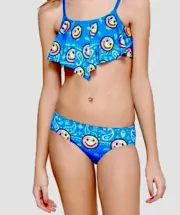 NWT JUSTICE GIRL'S EMOJI BANDANA FLOUNCE BIKINI SWIMSUIT Top Sz 6, Bottom Sz 7