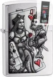 Zippo 02620 King and Queen Brushed Chrome Poker Lighter + FLINT PACK