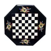 Black Marble Chess Table Top, Marble Semi Precious Inlay Floral Art Decor Chess