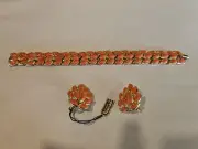 Vintage crown trifari bracelet, and clip earring set Faux Coral Lucite Gold