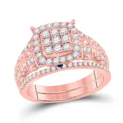 14k Rose Gold Round Diamond Square Cluster Bridal Wedding Ring Set 7/8 Cttw