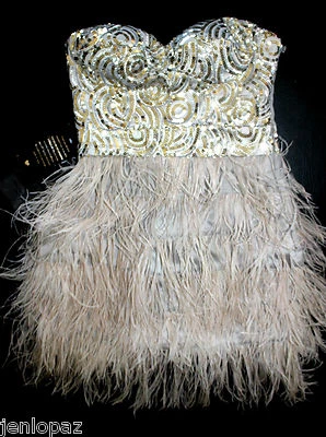 NWT Bebe gray silver sequin strapless isis feather bustier top dress XS 0 2