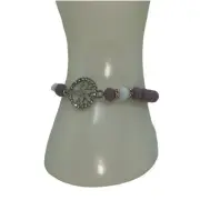 Purple White Beaded Silver-Tone Tree of Life Pendant Rhinestone Stretch Bracelet