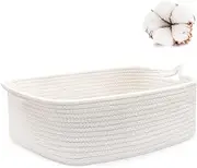 ABenkle Rope Basket, Small Storage Gift Basket, Rectangle Under Shelf Basket, Decorative Boho White Rope Woven Basket with Handle for Baby Dog Toy Egg Fruit Snack Towel Easter