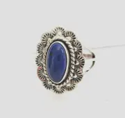 Size 8 1/2 Blue Lapis Stone Ring Set In S.silver Navajo Made Unique Etching R54R