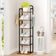 6-Tier Vertical Shoe Rack – Narrow Tall Shelf with Hooks, Adjustable, Rustic Bro