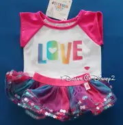 Build-A-Bear RAINBOW SPARKLY 'LOVE' TOP & MULTI TUTU SKIRT Teddy Clothes Outfit