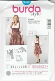 Burda Sewing Pattern 7443 German Folk Dirndl Dress & Apron Costume Sz 10-24