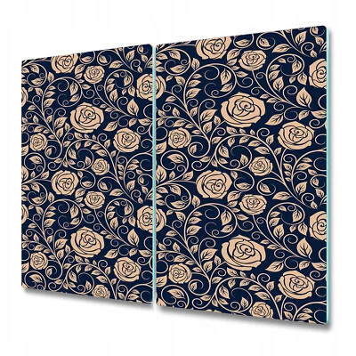 Glass Chopping Cutting Board Worktop Saver Vintage roses golden and blue 2x30x52