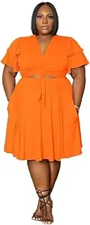 [GOODYEZZ] Plus Size Two-Piece Womans' Skirt Set - Casual V-Neck Top and Above Knee Woman Skirt, Orange, XX-Large